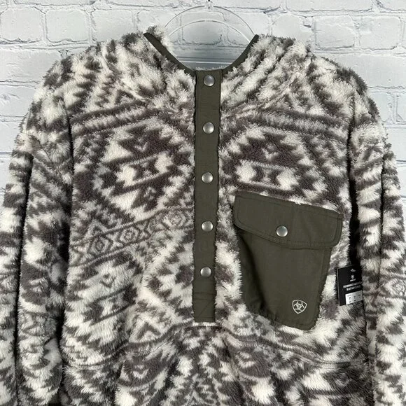 Ariat™‎ Men's Polar Bear Fleece Hoodie Pullover, Size XL, Jetty Gray Geo Map